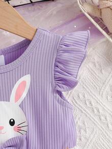 Váy tay lỡ in hình thỏ con dễ thương mới cho bé gái, thích hợp cho tiệc tùng, đi chơi, lễ Phục sinh - Màu tím hoa cà - Xem 5