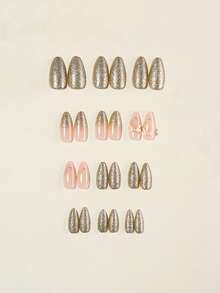 24pcs Almond-Shaped Nail Stickers, European French Ombre Glitter Bowknot Design, Minimalist & Fashionable. Easy To Apply, Suitable For Women's Daily Wear, Parties, And Gatherings. - Multicolor - View 2