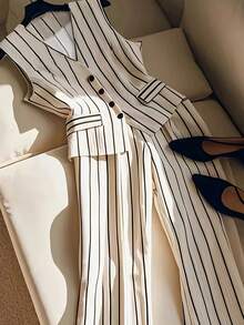 2pcs Elegant Sleeveless Striped Blouse And Slim Fit Suit Pants Set, Waist Cinching, Leg Lengthening Summer - Apricot - View 3
