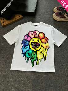 Boys & Teens' Casual Graphic Print Round Neck Short Sleeve T-Shirt, Summer Top - 白色 - 查看 2