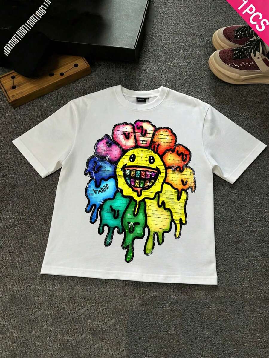 Boys & Teens' Casual Graphic Print Round Neck Short Sleeve T-Shirt, Summer Top - White - View 1