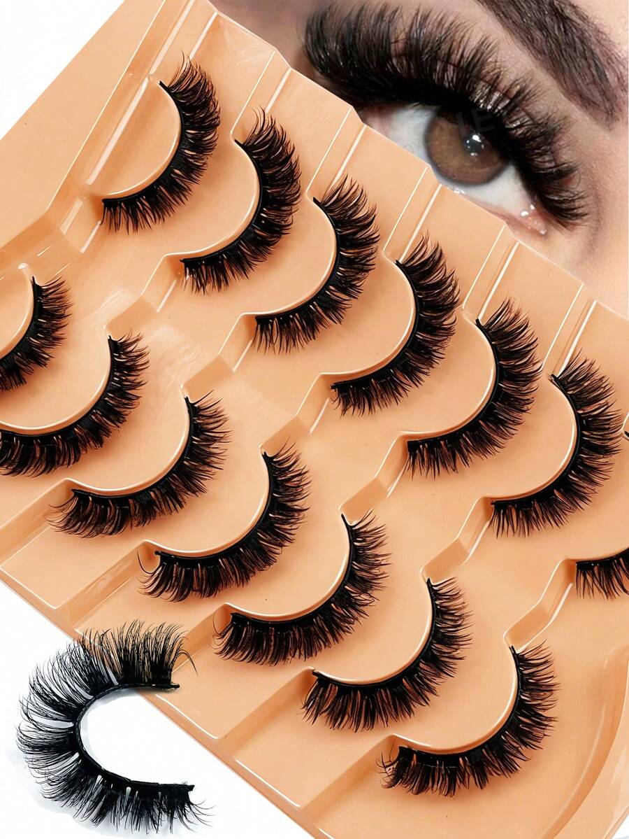 7 pares de pestañas postizas de visón sintético natural y esponjoso, crean pestañas desordenadas y encantadoras, efecto de elevación de ojos de zorro, las pestañas se pueden extender y espesar en la esquina exterior, 8D alargamiento y voluminización, ligero y adhesivo - Negro - Ver 1