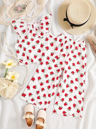 Girls Rose Flower Print Vest Top And Wide Leg Pants 2 Pieces Outfit, Sweet And Fashionable Holiday Style, Summer