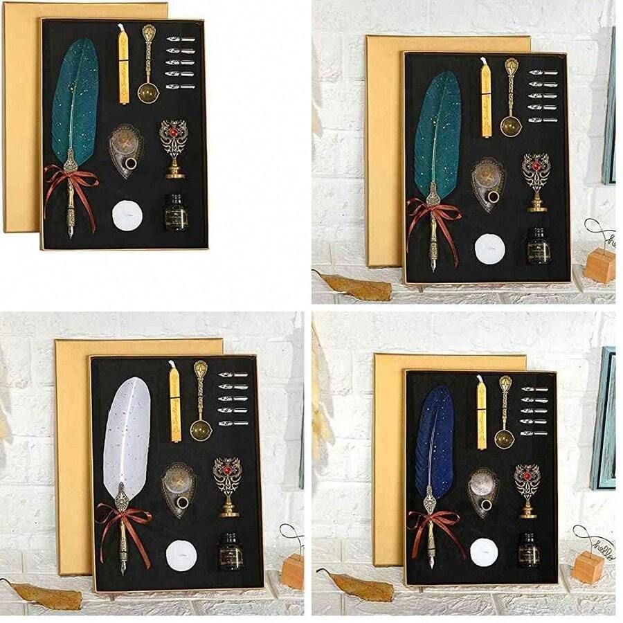 Domary Juego de pluma y tinta vintage, pluma estilogrfica brillante, pluma de inmersin de caligrafa, pluma de firma con puntas de repuesto, soporte para bolgrafo, regalo de cumpleaos de lujo para - verde negruzco - Ver 1