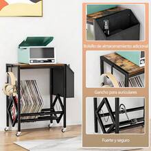 Mueble para Tocadiscos y Vinilos, Mueble para Vinilos con 4 Ruedas Móviles, con Bolsa para Guardar Discos Soporte Reproductor Discos Almacenamiento Discos Vinilo, Organizador para 100 Discos de Vinilo - Negro - Ver 3