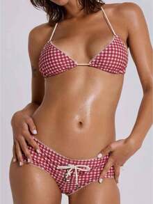 Women's Plaid Bikini Set Cute Swimwear For Summer Beaches Strappy Triangle Bottom Swimsuit Cruise Travel Halter Neck Slimming Swimwear - 紅色 - 查看 1