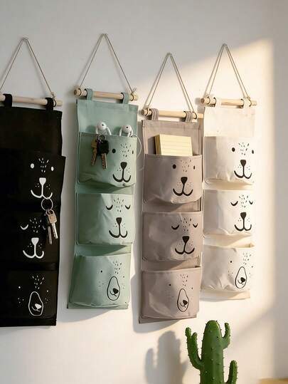 1pc Baby Crib Hanging Storage Bag, Wall-Mounted Toy Organizer Bag For Nursery, Kids Room, 3 Pockets, Space Saving, Waterproof, Cute Animal Print Cubic Design