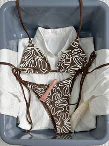 Bikinx Women's Asymmetrical Stripe Tie-Up Triangle Bikini Set, Fashion Summer Vacation - Coffee Brown - View 8