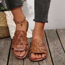 Womens Dressy Summer Sandals Outdoor Walking Travel Flats Slides Shoes Round Toe Braided Comfy Closed Toe Woven Vacation Mules - 棕色 - 查看 6