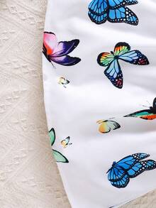 Young Girls' Colorful Butterfly Print Petal Sleeve Crop Top And Pleated Skirt 2-Piece Casual Outfit, Spring/Summer - White - View 6
