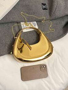 2026 Spring New Arrival Women Bag,Glossy Moon Box Mini Handbag, Crescent Moon Bag, Elegant For Lady,Chic Laser Gold Chain Shoulder/Crossbody Bag,Foldable Candy Color Fashion PU Leather Underarm Bag, Women's Cute Casual Versatile Handbag & Purse  Lipstick/Earbud Holder Case, Versatile Shoulder Bag, Solid Color Minimalist Zipper Shoulder Bag, Fashionable, Zipper Shoulder Bag, Faux Leather Solid Color Wallet, Versatile For Work/Commute, Winter Summer Autumn Spring,Ideal New Year Gift, Small Bag, Suitable For Women Commuting Daily Use. - Vàng - Xem 7