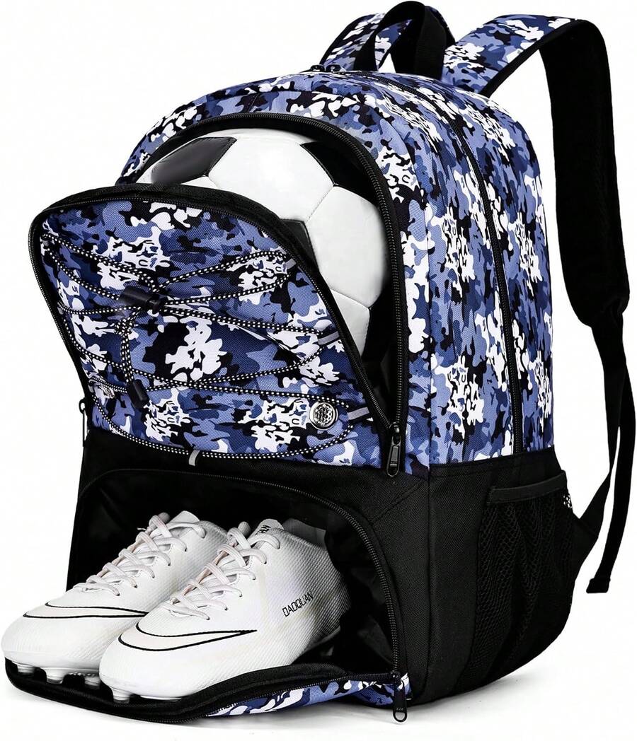 Bolsa de fútbol para jóvenes, mochila de fútbol y mochila para baloncesto de fútbol, con compartimento para bolas, paquete de tacos separados - rosado, camuflaje (CamoPink) - Ver 1