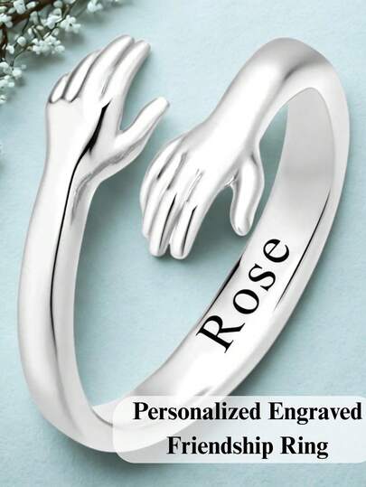 Personalized Romantic Couple Embracing Heart-Shaped Ring, Customizable Engraving, Stainless Steel Open Ring, Unisex, Adjustable Gold-Plated Commitment Heart Jewelry, Women's Customized Christmas Party Birthday Gift, Valentine's Day Decorative Present