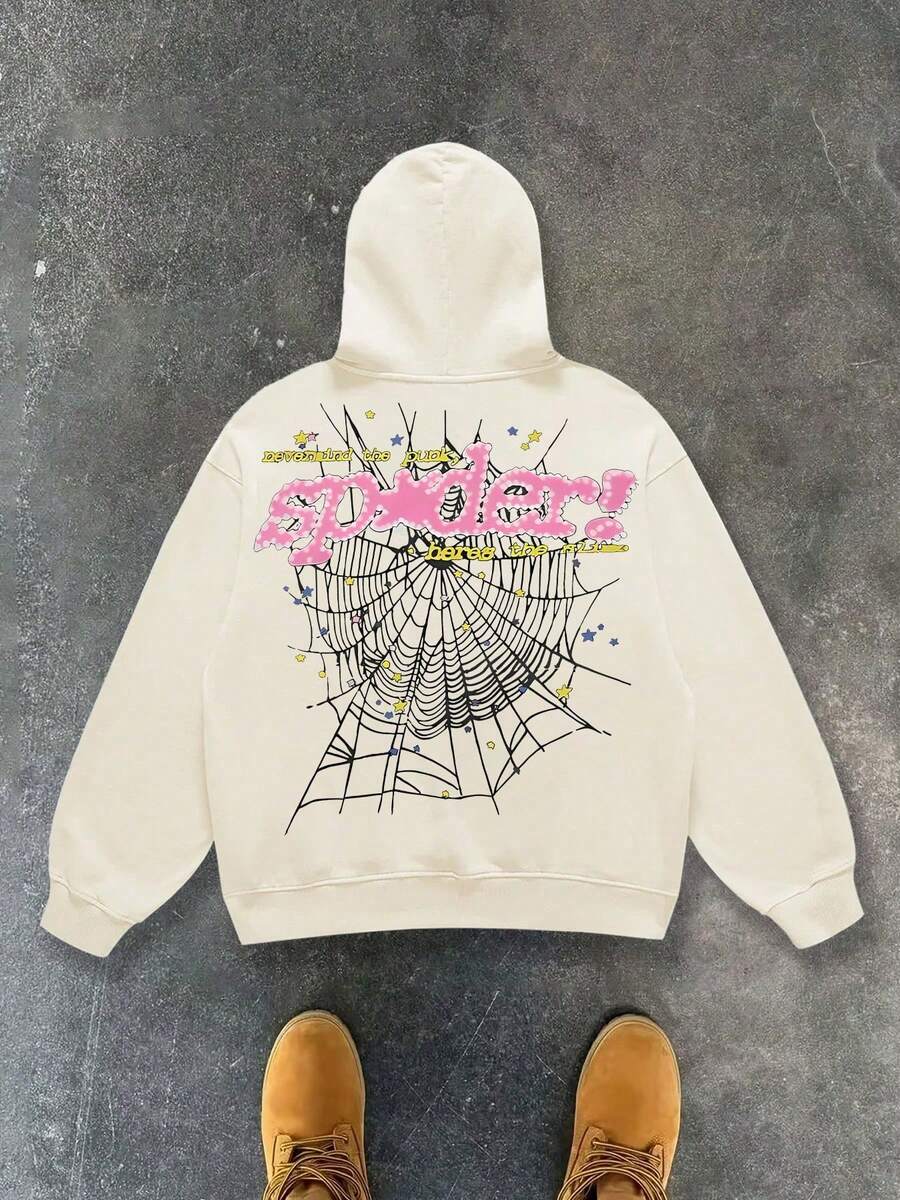 250g Polyester Fiber Men's Long Sleeved Hooded Sweatshirt With Y2K Spider Printed Pattern And Pockets, Fashionable And Loose Casual Fleece Sweater, Suitable For Autumn And Winter Street Wear. Single Item For Both Men And Women - 杏色 - 查看 1