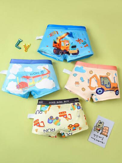4pcs Boys' Underwear, Comfortable Breathable Cartoon Car Print, Boys' Shorts For Kids, Toddler, Little & Big Boys