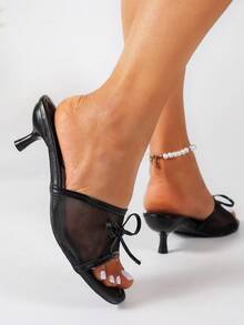 New Soft Mesh Design, Bow Decor, Leather Round Toe Flat Slippers, Kitten Heel Sandals, Multi-Function Thin Heel Lace-Up Sandals, Designed For Women, Casual & Versatile - New Summer Collection - Comfortable & Casual - Daily Wear - Beach & Resort - Black - View 5