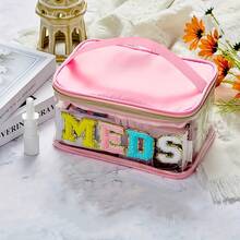 Fashion Chenille Letter Patch Toiletry Bag, MEDS Makeup Bag - Transparent Travel Storage Bag With Handle, Nylon Zipper Toiletry Bag, XSB1207-Toiletry Bag-LY28 - màu xanh lá - Xem 4