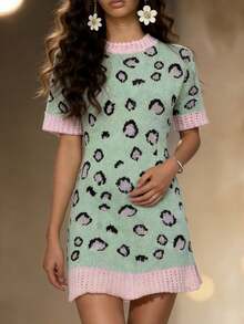 春夏女装时尚优雅都市现代海滩度假风多色波点豹纹印花圆领波浪下摆短袖迷你连衣裙，女士夏季连衣裙，春季套装，女士派对连衣裙，女士沙滩连衣裙，外出套装，办公室度假连衣裙 - 彩色 - 查看 2