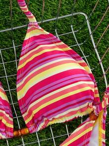 新款时尚欧美女士撞色条纹挂脖系带比基尼套装，三角上衣和下装