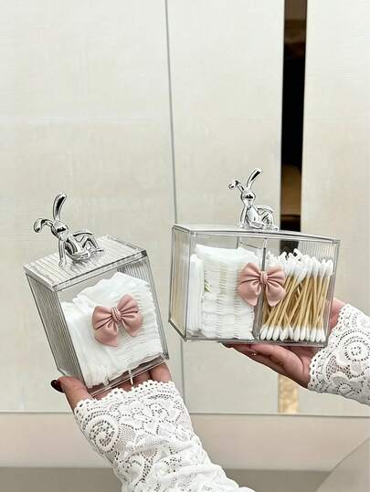 Adorabile organizer per il trucco in acrilico a forma di coniglio - Scatola di stoccaggio trasparente a doppio scomparto per dischetti di cotone, cotton fioc e accessori per il trucco