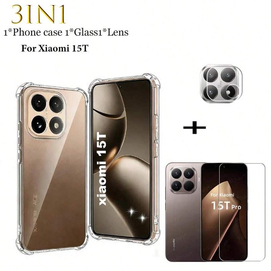 3IN1 2026 NEW For Xi Ao Mi 15T/15TPro Case Transparent And Impact-Resistant Mobile Phone Case+Full Screen Clear Tempered Film For Xi Ao Mi 15T/15T Pro+Lens Film Screen Protection Essentials, Applicable To Daily Shield, Office, Home Daily Shield Office Home Phone Screen Protector Phone Accessories Waterproof Shockproof Anti-Fall Scratch Resistant - Clear - View 1