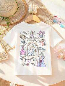 Disney  Alphabet Double-Sided Print Pattern Girls' T-Shirt - Children's Clothing Design Short-Sleeve Casual Cute Style Comfortable And Relaxed Suitable For Boys And Girls, Perfect For Parties And Play Machine Washable Gift Children's Clothing Girls' Short-Sleeve Shirt - 白色 - 查看 3