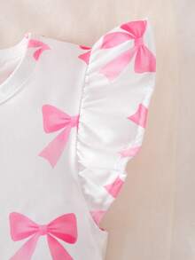 Girls Casual Outdoor Fashionable Cute Versatile Bow Allover Print Round Neck Cap Sleeve Fitted Dress, Spring/Summer - White - View 5