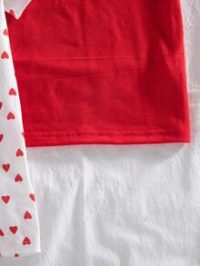 少女情人节休闲短袖上衣，心形印花三件套 - 紅色 - 查看 6