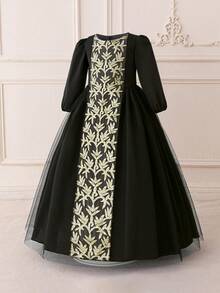 Young Girls' Long Sleeve Sequin Embroidered Mesh Elastic Elegant Holiday Party Princess Dress, Suitable For Formal Dinners And Family Gatherings, Fabric And Pattern Randomly Cut, Headband Not Included - Black - View 5