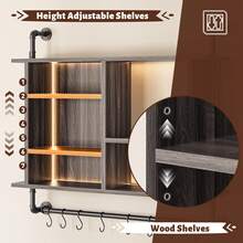 LED 4-Tier Industrial Pipe Floating Shelf 8 S-Hooks Wall Shelves For Kitchen Living Room Storage Cabinet - Dark Grey - View 3