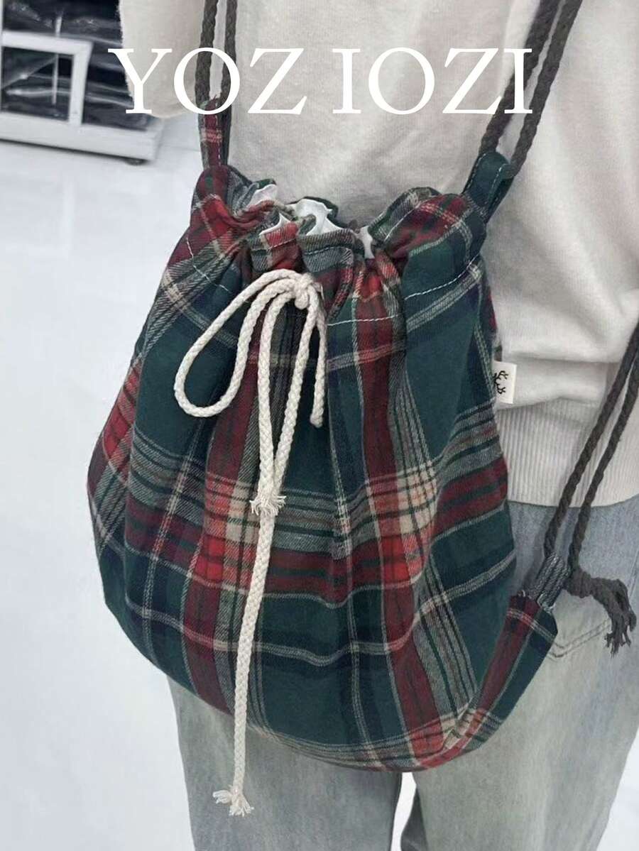 返校季格子抽绳背包，大容量可折叠休闲通勤包，适合大学生，简约日常时尚 - 彩色 - 查看 1