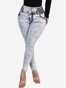 1pc Casual High Waist Skinny Washed Denim Jeans - Blue - View 5