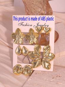 1/5对时尚金色光滑五瓣花、叶子、水滴、圆形缠绕、心形耳钉套装，适合女性日常佩戴，是送给朋友和家人的最佳礼物（轻质ABS塑料材质） - 金色 - 查看 3