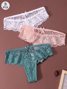 3pcs/Set Sexy Lace Thong Panties, Low Waist For Women - Multicolor - View 3