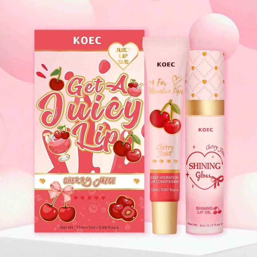 KOEC Dúo de labios con cereza jugosa: Aceite labial brillante y acondicionador para un tono de color transparente, acabado brillante, hidratante y protector con un sabor divertido - Cereza - Ver 1