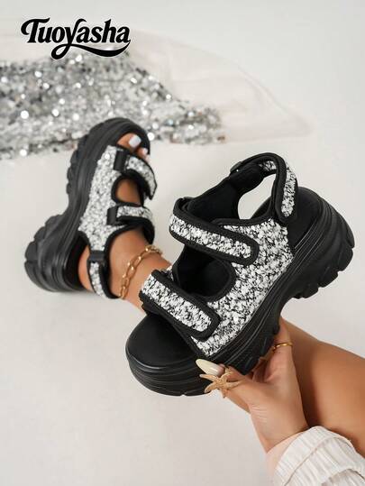 New Women Shoes, Fashion Versatile, Comfortable Thick Sole, Casual Sandals, Double Strap Increase Height Slimming Anti-Slip, Sequin Decor, Lightweight Convenient, Casual, Suitable For Daily Wear, Commuting