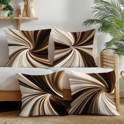 4pcs Minimalist Coffee Geometric Abstract Swirl Pattern Throw Pillow Covers, Single-Sided Printed Peach Velvet, 45*45CM/18*18inch Cushion Covers Suitable For Modern Minimalist Sofa Living Room Decor, Gifts, Party Decoration