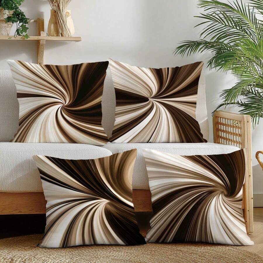 4pcs Minimalist Coffee Geometric Abstract Swirl Pattern Throw Pillow Covers, Single-Sided Printed Peach Velvet, 45*45CM/18*18inch Cushion Covers Suitable For Modern Minimalist Sofa Living Room Decor, Gifts, Party Decoration - Multicolor - View 1