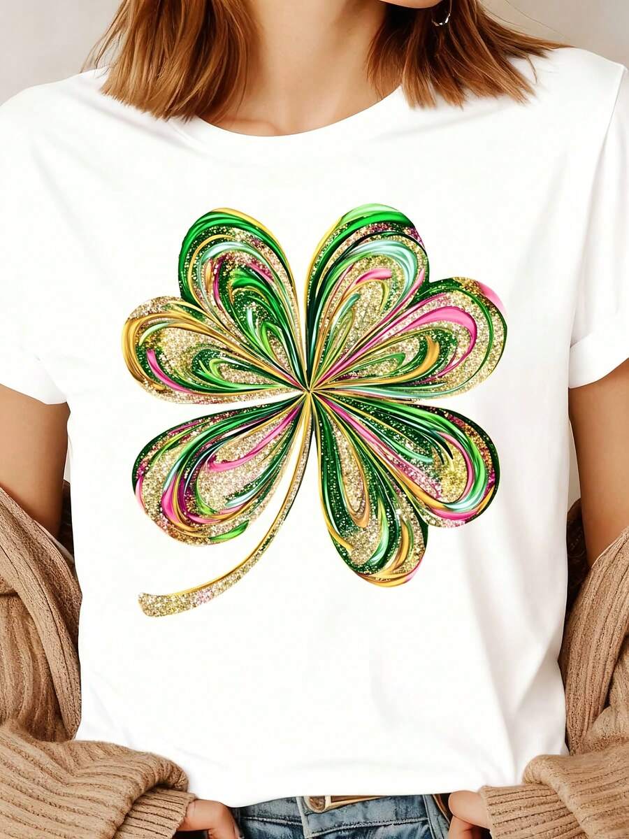 White T Shirt With Colorful Shamrock Print For St Patrick's Day Celebration - White - View 1