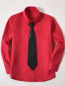 Camisa roja para niño con corbata negra para la temporada de regreso a la escuela, estilo de unicolor que combina con todo - Rojo - Ver 1