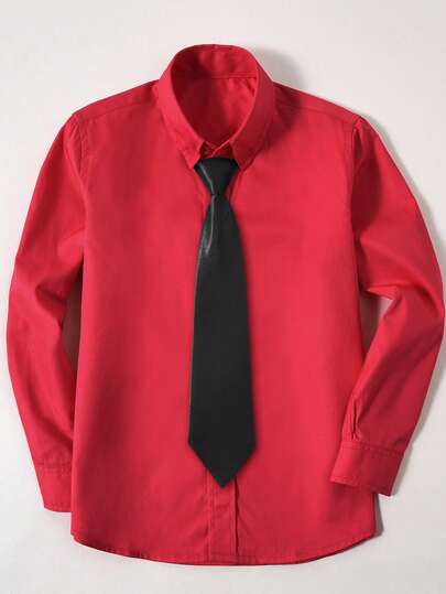 Back-To-School Season Red Boys' Shirt With Black Tie, Solid Color All-Match Style