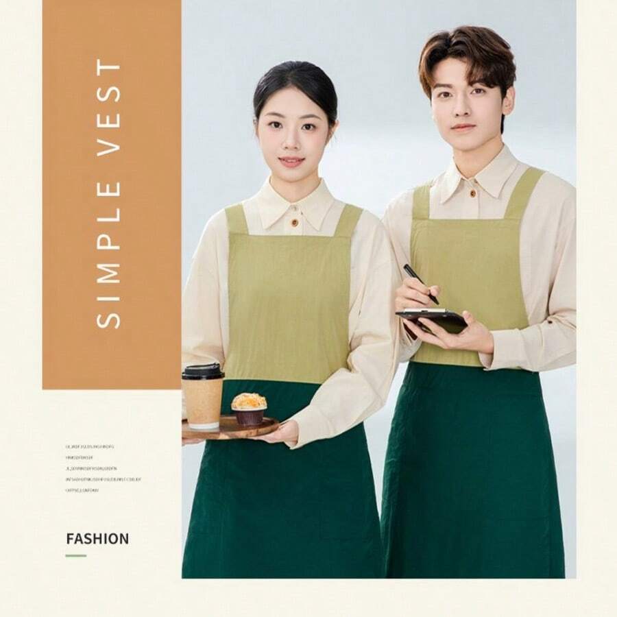 Contrast Color Criss-Cross Back Cooking Apron, Unisex, With Pockets, Wide Straps, Side Slits For Flexible Movement, Suitable For Baking, Painting, Bubble Tea, Hot Pot, Catering (Dark Green + Light Green) - Mint Green - View 1