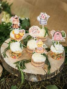 27个农场动物纸杯蛋糕装饰插牌，粉色农场动物纸杯蛋糕装饰，农场动物生日纸杯蛋糕装饰插牌，适合动物主题婴儿派对、农场主题生日派对用品 - 多色 - 查看 3