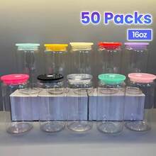 25/50pcs, 16oz Single-Layer Clear Plastic Cups With Straw And Lid. Portable, Durable, And Reusable Coffee Cups, Camping Mugs, Juice Bottles. Suitable For Weddings, Parties, Office, Everyday Use, Teacher's Day, Mother's Day, And Graduation Season. - 彩色蓋子/50pcs - 查看 3