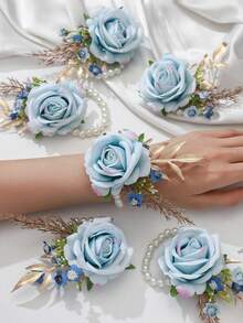 1pc/6pcs Luxury Princess Rose Flower With Faux Greenery & Pearl Bracelet, Suitable For Bride, Groom, Bridesmaids, Weddings, Engagements, Parties, Events