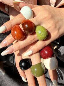 8件套复古几何极简树脂戒指套装，彩色超大椭圆形戒指，适合女性日常佩戴、节日和派对的珠宝配饰 - 彩色 - 查看 2