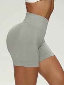 女士纯色运动健身短裤，高腰收腹提臀紧身七分瑜伽裤 - 淺灰色 - 查看 5
