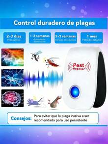 10/5/3/1 Ultra High Frequency Pest Repeller Set, suitable for all types of houses. White model. Ultra High Frequency plug-in device. Used to repel spiders, rats, mosquitoes, cockroaches, mice, rodents, insects, ants, flies. US standard plug 110V. An electronic ultrasonic device for repelling insects. Suitable for indoor household use. Can be used to repel rats, cockroaches, mosquitoes, geckos, flying insects, pests and snakes. Can effectively repel small animals. - Tipo de Enchufe A USA (110-127V) - Ver 7