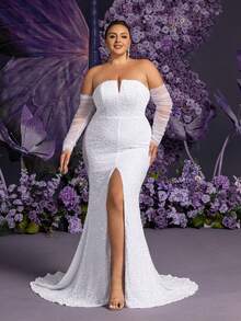 Faeriesty 大码白色亮片美人鱼露肩礼服 - 优雅的正式礼服，配有透视长袖和高开衩，闪亮的大码白色礼服，适合晚宴、正式活动、婚礼宾客和正式场合。 - 白色 - 查看 4