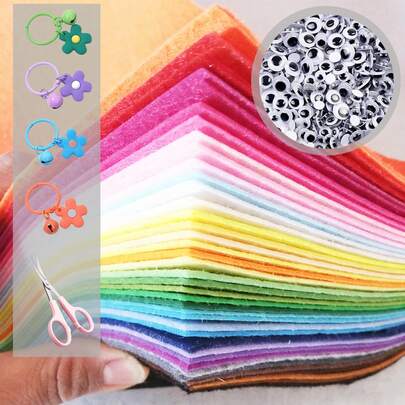 145 pièces Kit de feutrine : Feuilles de feutre et petits ciseaux incurvés, porte-clés avec fleurs, yeux noirs pour artisanat, feutre épais de 1 mm en couleurs assorties, carrés de tissu non tissé pour artisanat, couture, patchwork, projets scolaires, décoration de maison et de fête, idéal pour Pâques et la Saint-Valentin